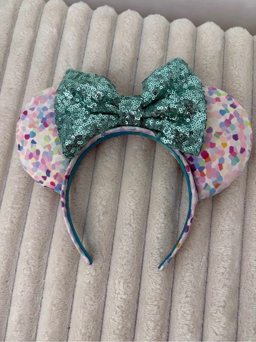 Handmade Sparkling Teal Sequin Bow Ear Headband for Kids